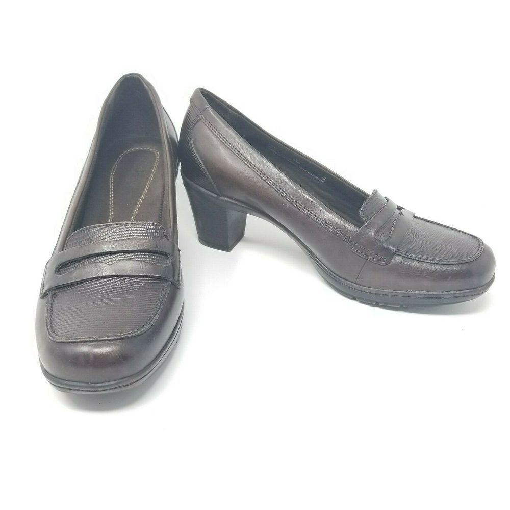 Clarks Women's 9.5W US Leather Penny Loafer Block High Heel Shoes Brown Lizard